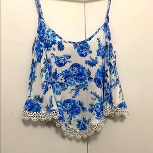 Blue Rose & Lace Trim Crop Top